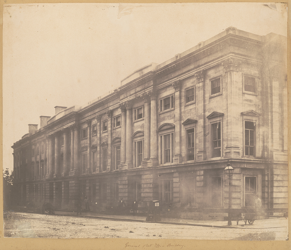 The General Post Office Building, Washington, D.C., photographed in 1860 — Robert Mills' original marble section along E Street.